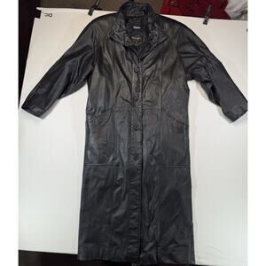 Black Leather Button-Up Coat Vintage warm
